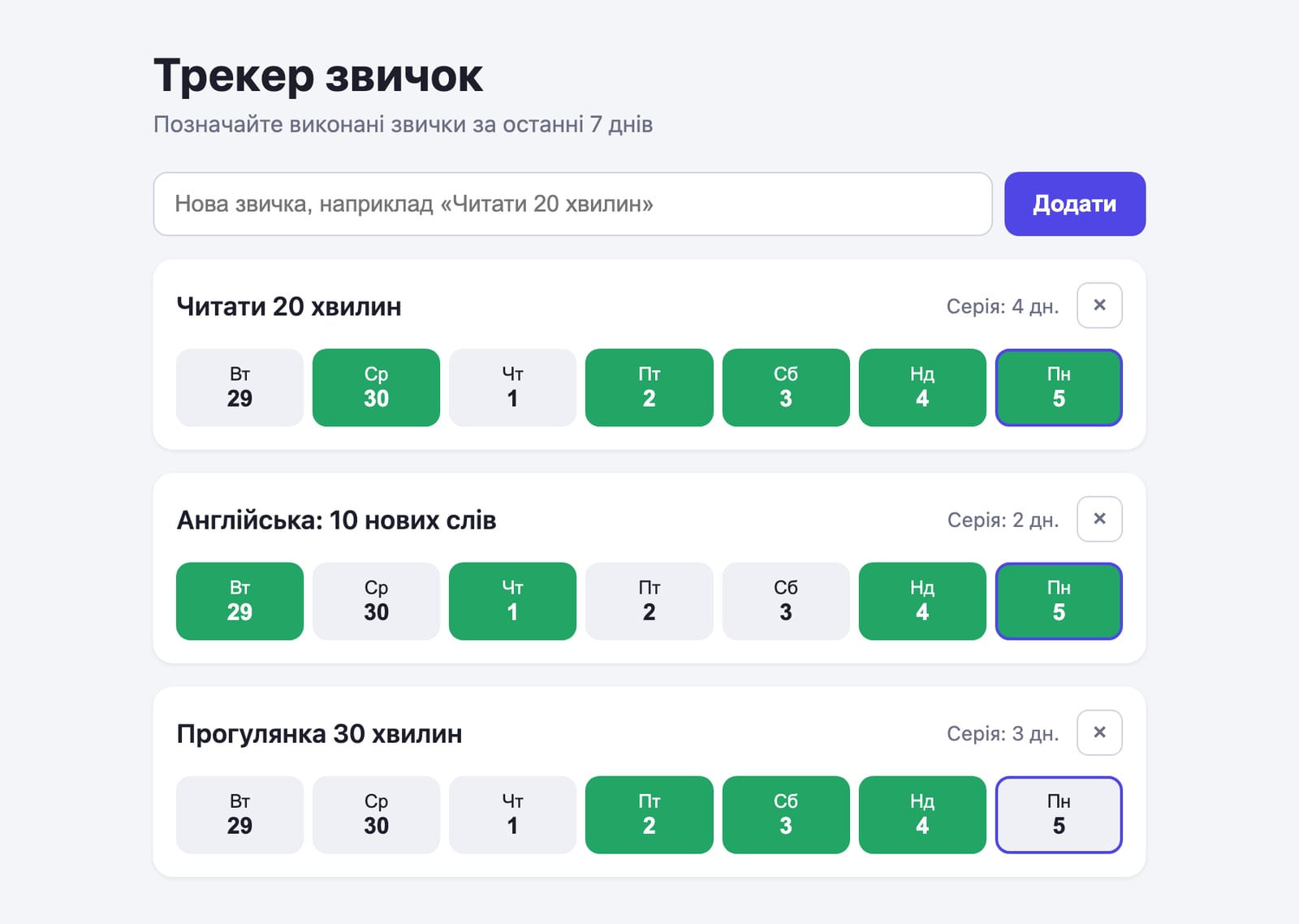 Перший проєкт на вайб-кодингу з Claude Code: трекер звичок у браузері зі списком звичок, сімома днями та серіями